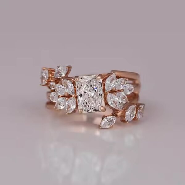 Radiant Cut Lab Diamond Engagement Ring Set Marquise Cut Side Diamond with Gold Plating Lab Grown Wedding Ring