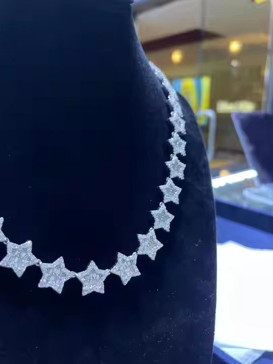 12mm Star Shape Hip Hop Chain 925 Sterling Silver Rapper Flower Necklace Baguette Cut Moissanite Necklace Anniversary Gift
