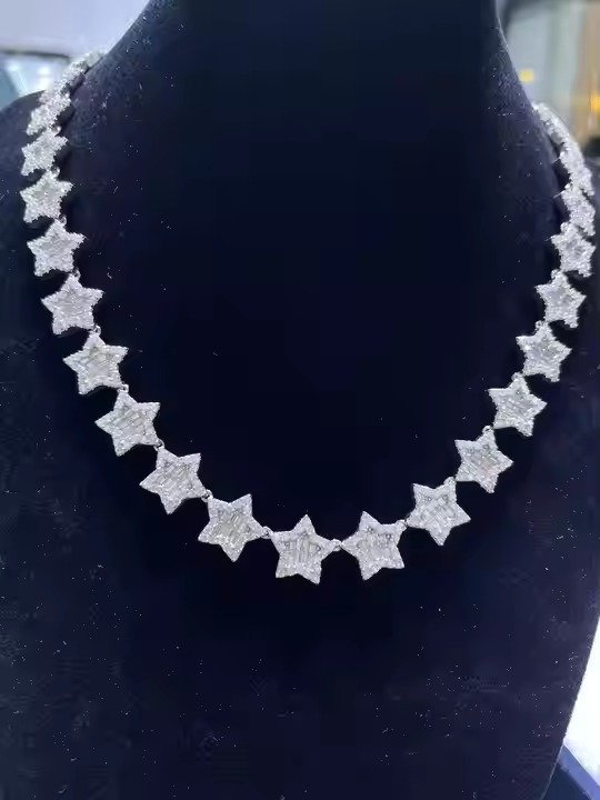 12mm Star Shape Hip Hop Chain 925 Sterling Silver Rapper Flower Necklace Baguette Cut Moissanite Necklace Anniversary Gift