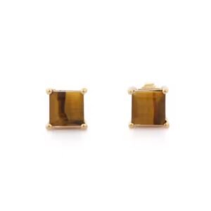 Handmade 14K Solid Yellow Gold Earrings for Women Fine Jewelry Natural Square Tiger Eye Gemstone Studs Trendy Style for Wedding