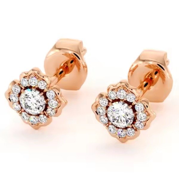 Unique Floral Lab Diamonds Dainty Stud Earrings 18K Yellow Gold