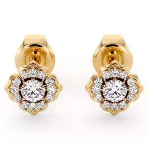 Unique Floral Lab Diamonds Dainty Stud Earrings 18K Yellow Gold